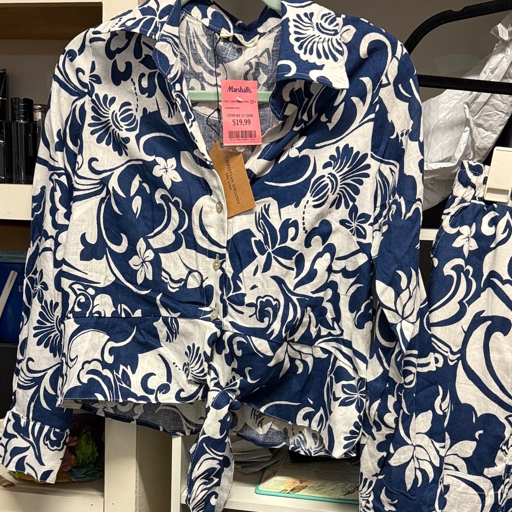 Christian Siriano Blue and White Floral Jumpsuit